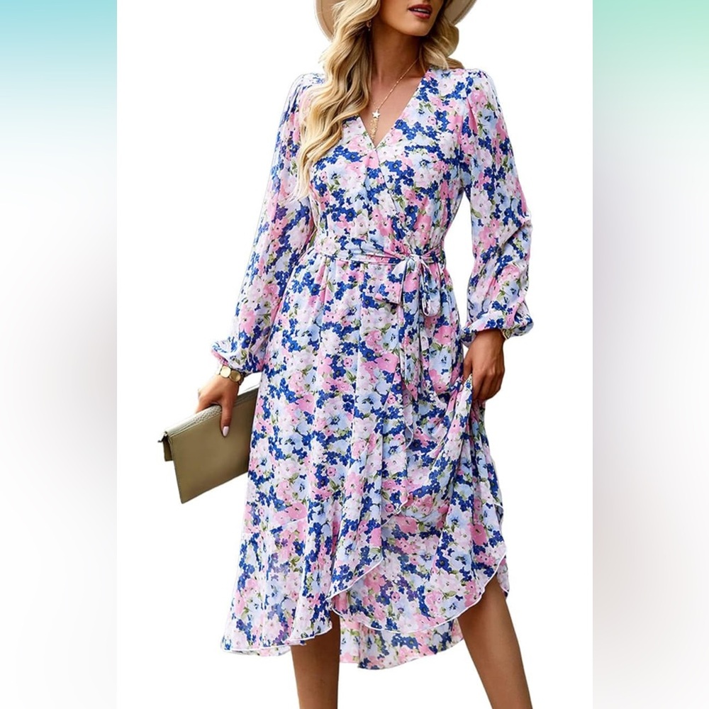 Blue and pink midi wrap dress